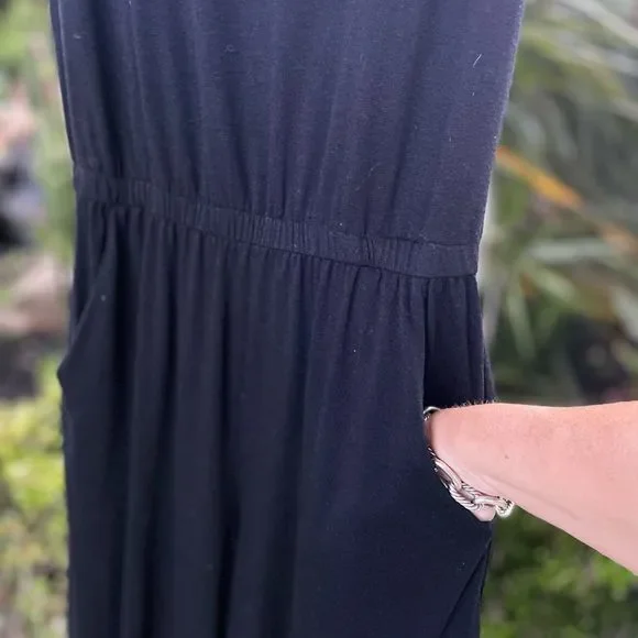 Black short sleeve elastic waist jogger bottom one piece pull-on jumpsuit - Picture 2 of 10